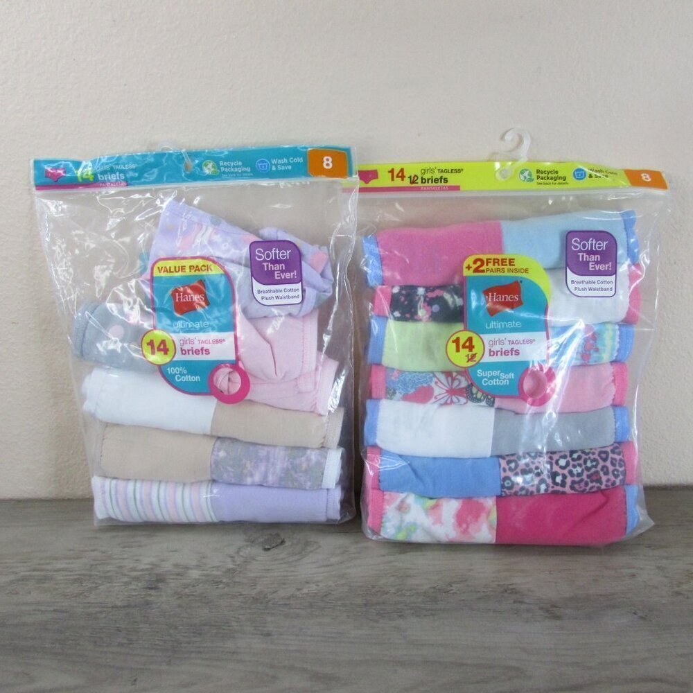 2 PKS Hanes Ultimate Girl's Size 8 Tagless Brief Underwear Panty 24 Pairs